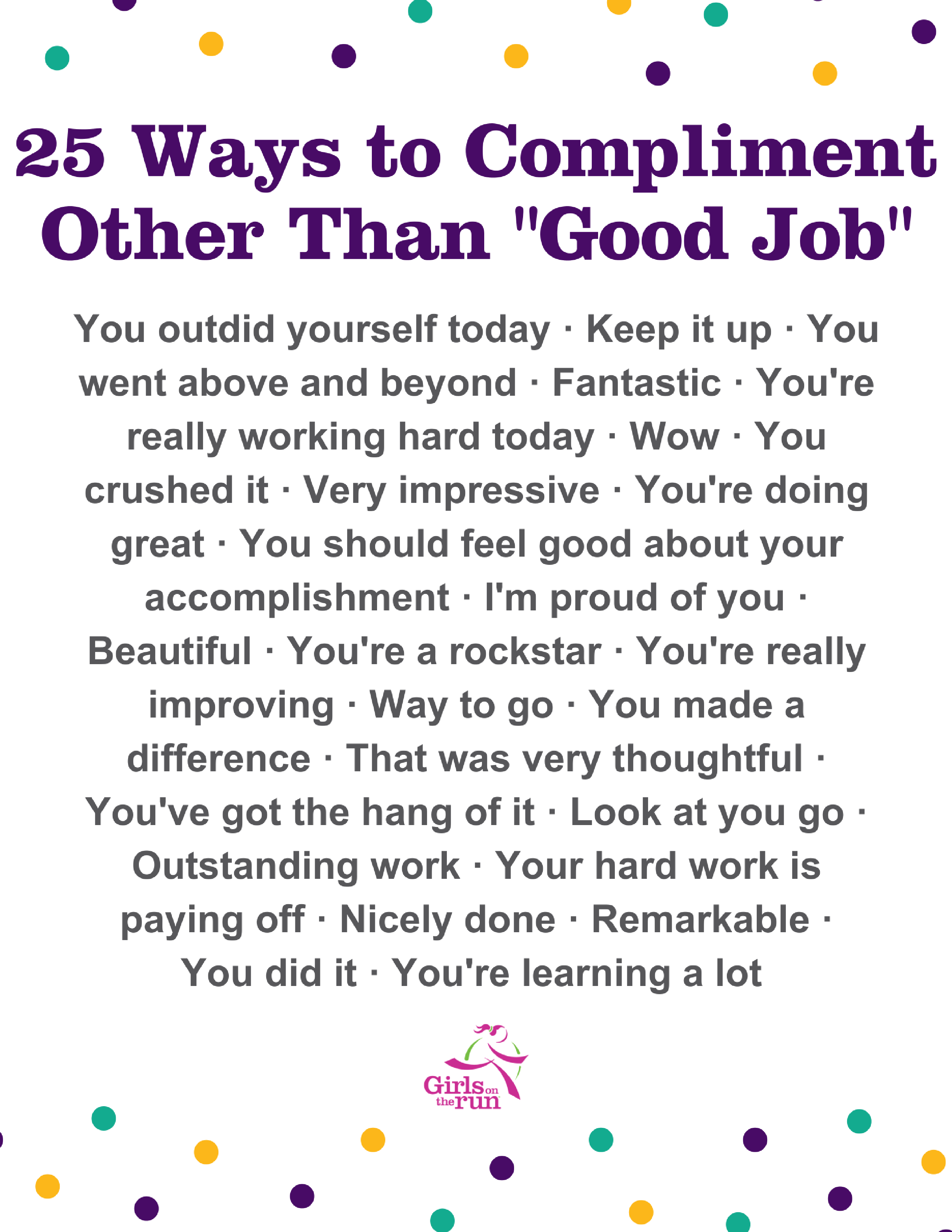 Good Job and 25 New Ways to Compliment Your Girl. This image lists the 25 ways that are listed in the blog.